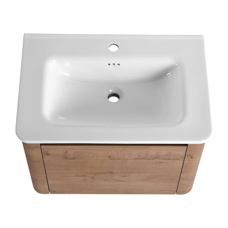 28'' Wall-Mounted Bathroom Vanity with White Ceramic Sink & 1-Soft-Close Door, KD-Packing, Plywood