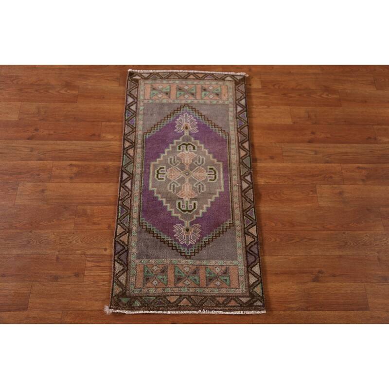 Hand Knotted Oriental 100% Wool Carpet Transitional Tribal Purples Anatolian Area Rug - 2' 11'' X 1' 6''
