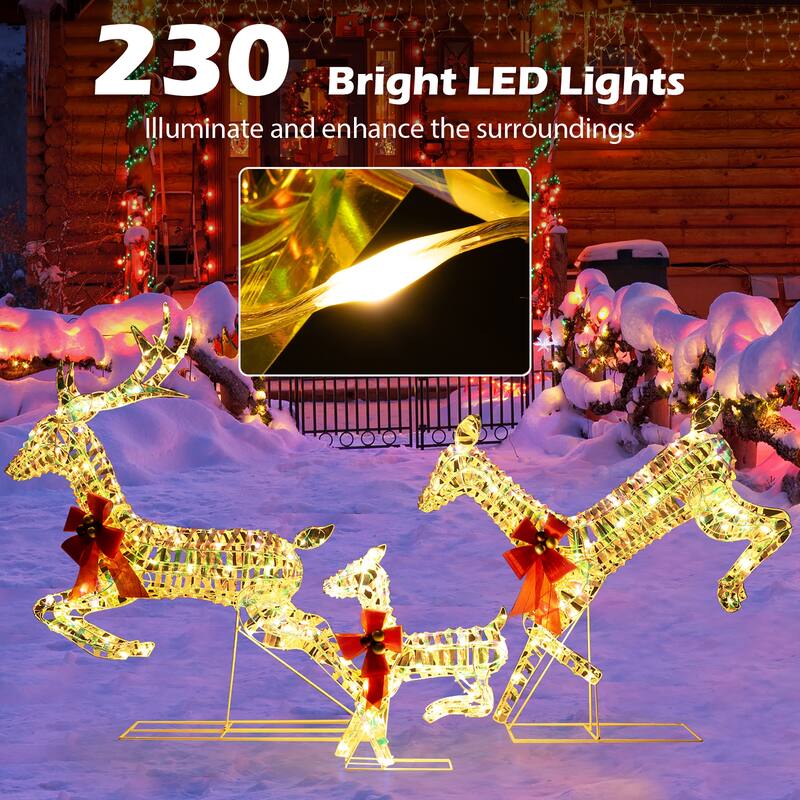 Gymax Christmas Lighted Reindeer w/ LED Lights & Red Bows Stakes - Multi - See Details