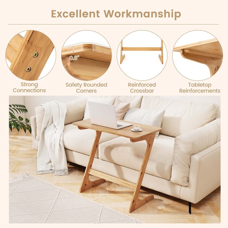 Set of 2 Bamboo TV Tray Table Z Shaped Sofa Side Table for Small Space