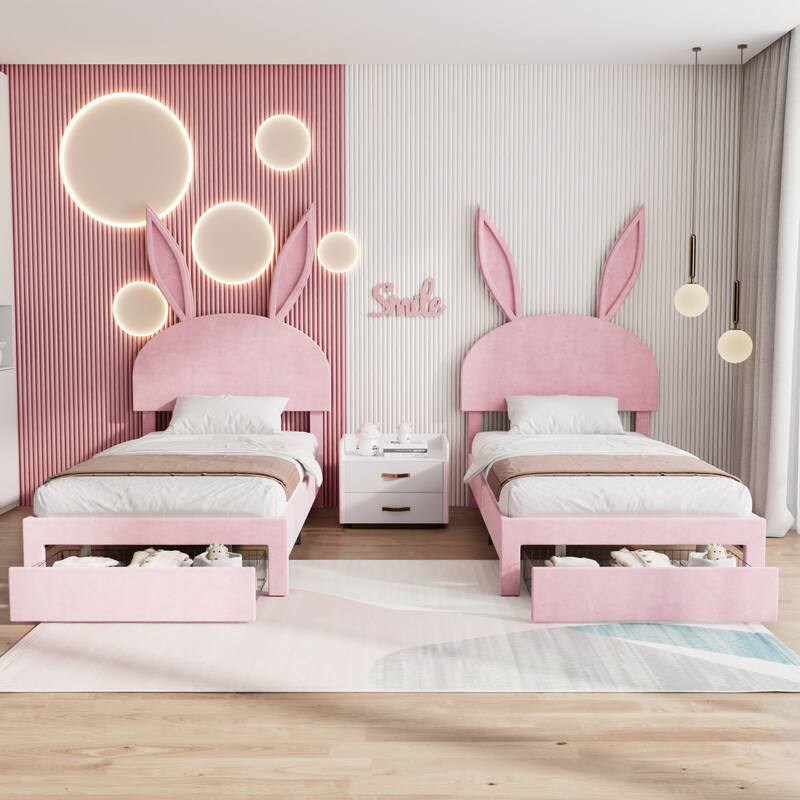 VECELO Wooden Cute Rabbit Twin Bed Frame with Upholstered Headboard, Kids Bed Frame