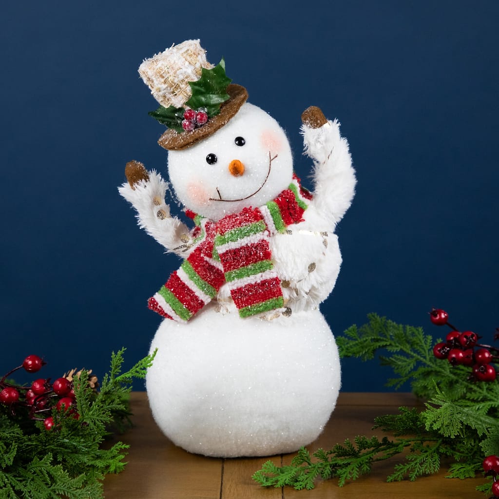 Smiling and Waving Snowman Christmas Figurine - 11.25" - White and Gold
