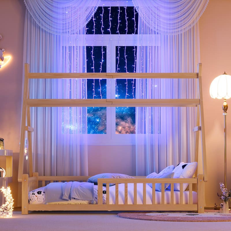 Twin Size Low House Tent Bed with Removable Roof Convertible Floor Bed with Fence, No Door for Kids Boys Girls