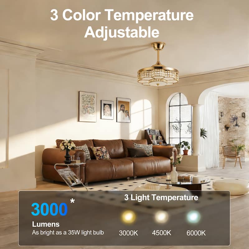 48" Crystal Chandelier Ceiling Fan with Light and Retractable Blades LED Dimmable DC Motor for Bedroom Living Room Kid's Room