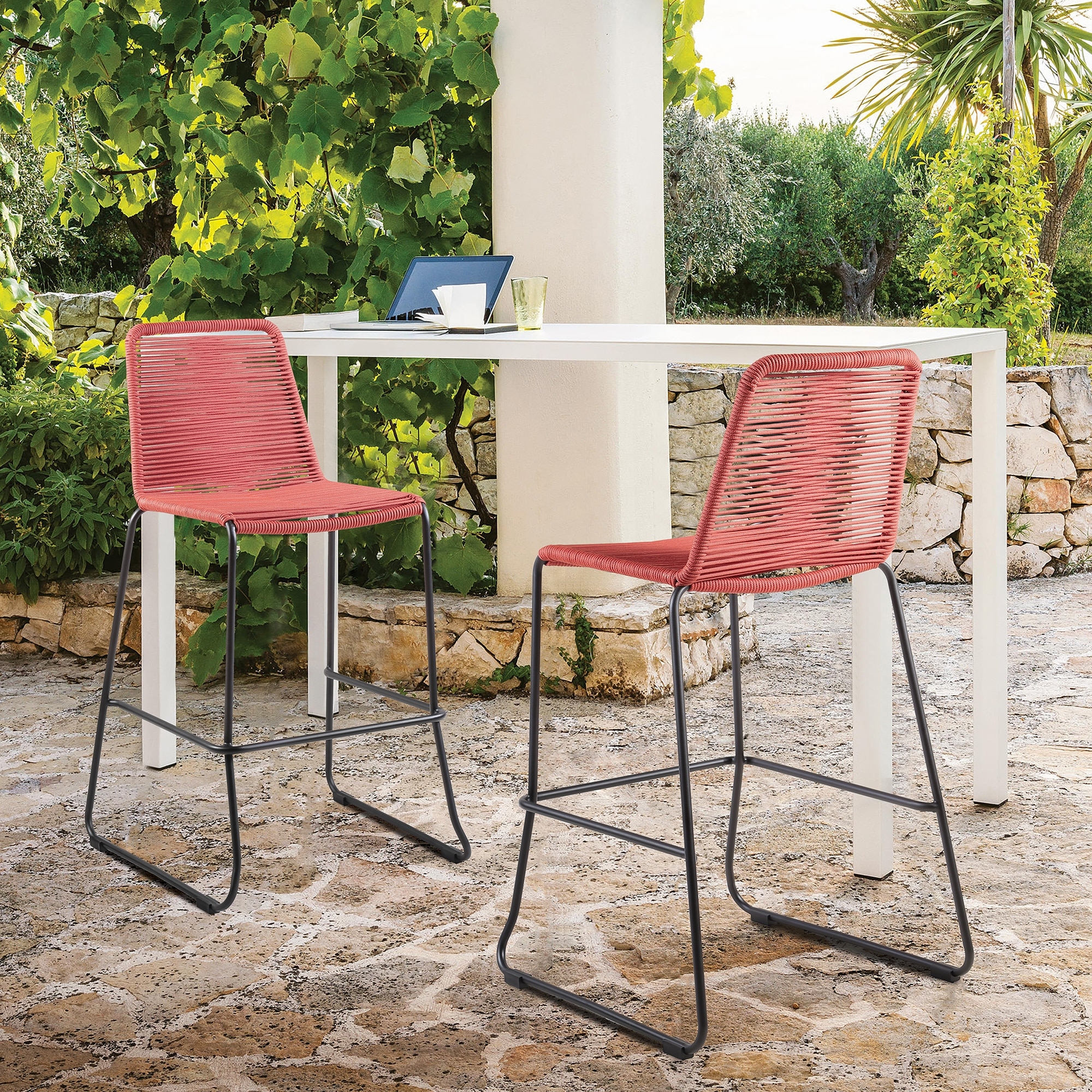 Shasta Black Steel and Rope Indoor Outdoor Bar Height Stackable Patio Bar Stools - Set of 2 - 30" Bar Height