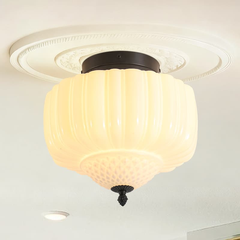 12.6" Modern Coastal Schoolhouse Semi-Flush Mount Ceiling Light with Milk Textured Glass for Bedroom, Kitchen, Entryways - Black/White - 12.6 in. W x 9.8 in. H x 12.6 in. D