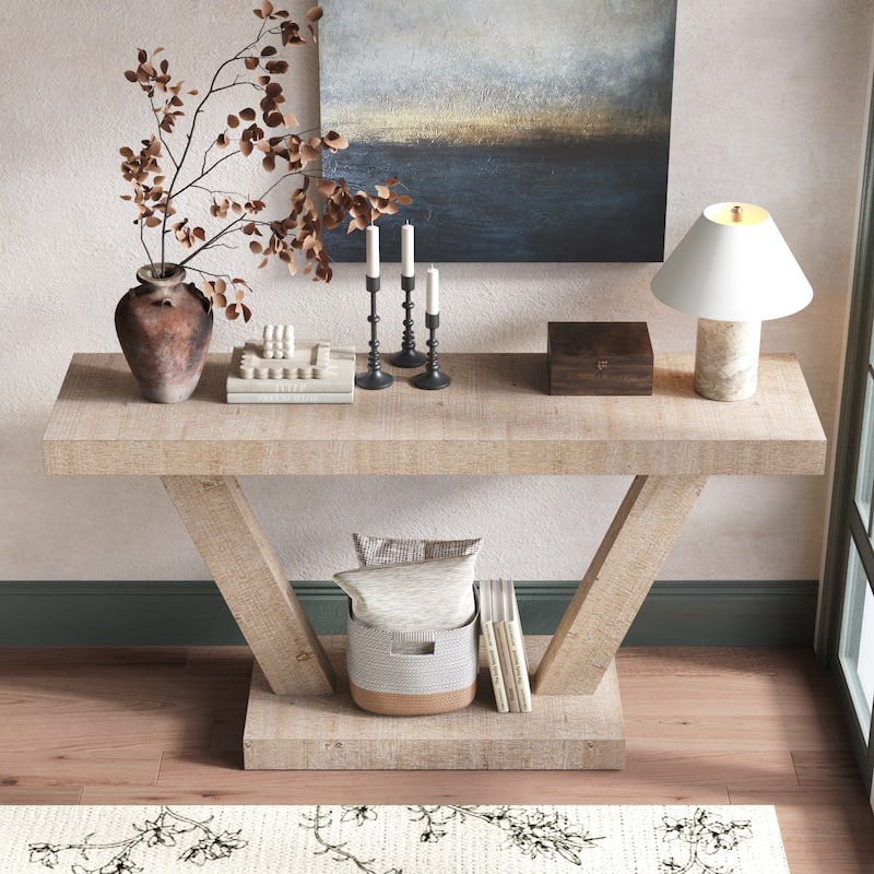 Wood Entryway Bench with 2-Tier Solid Wood Veneer Storage Cabinet, Rustic Wide Design for Hallway - Natural