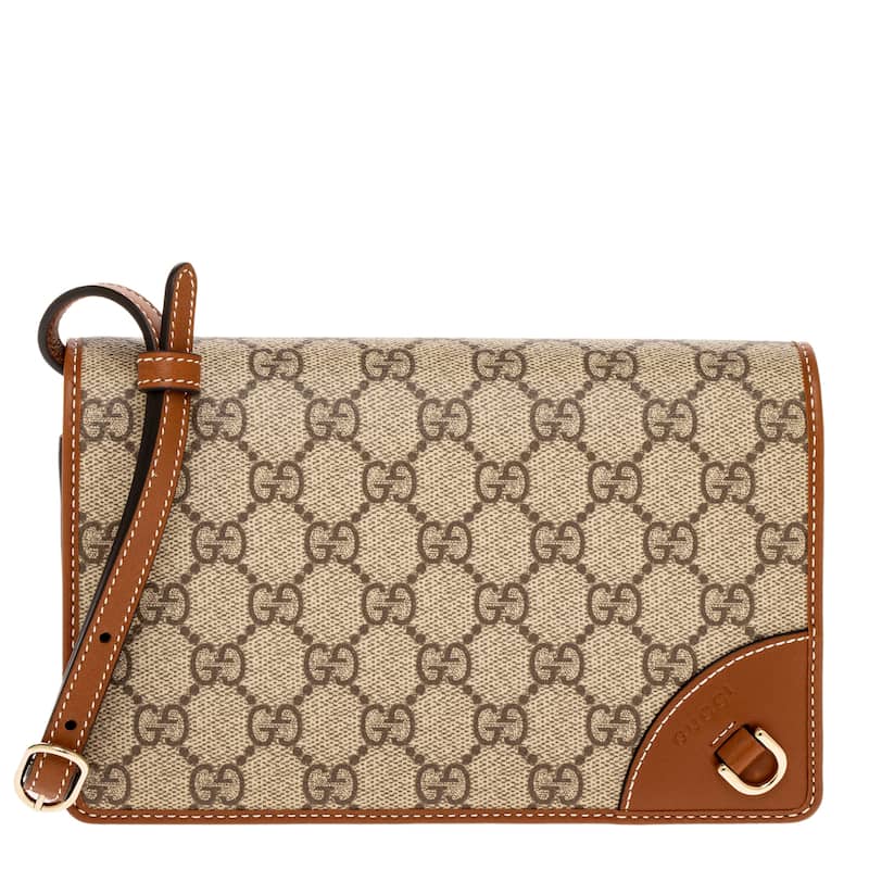 Gucci Men's GG Emblem Wallet with Leather Strap - Beige and Dark Brown