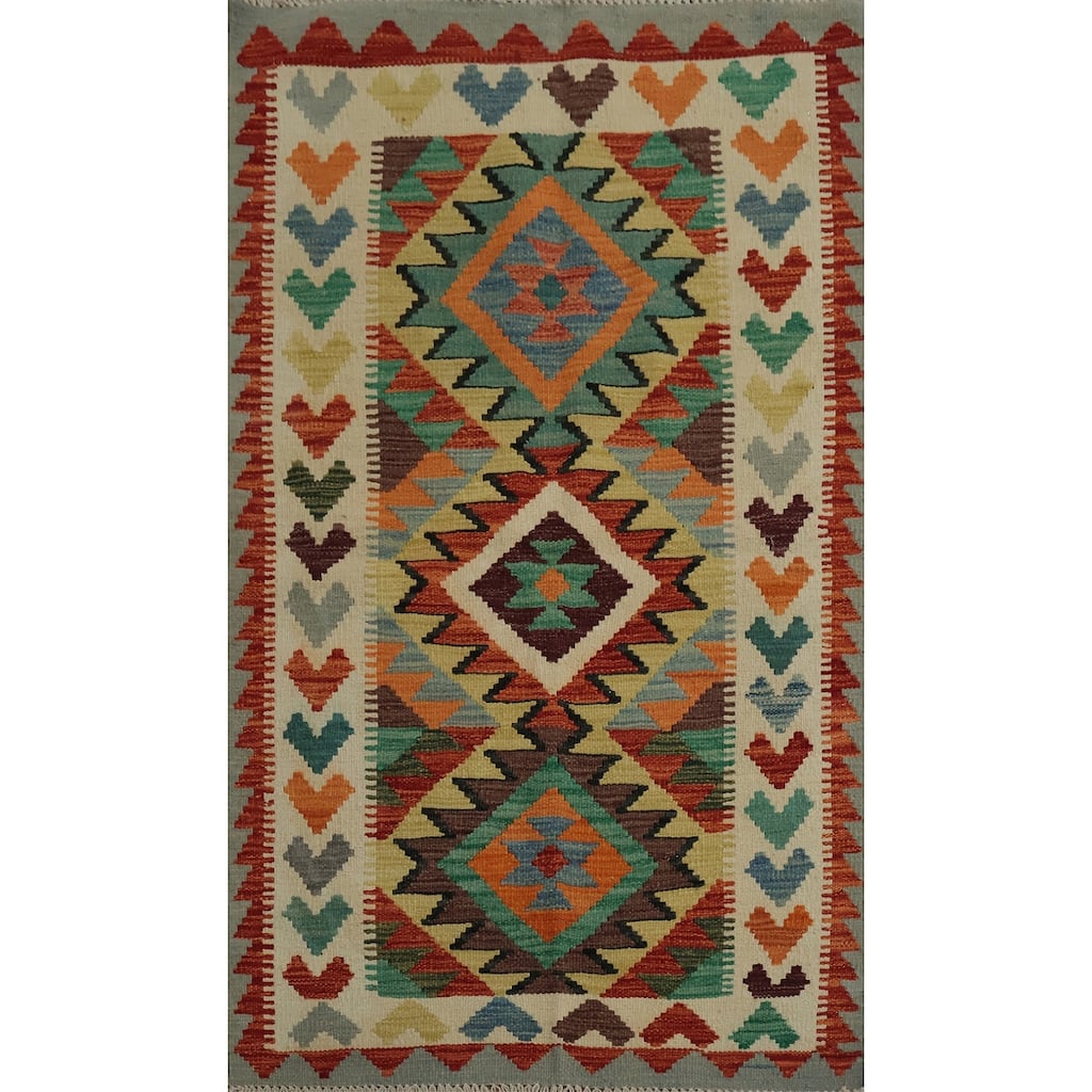 Hand Woven Oriental 100% Wool Carpet Southwestern Geometric Multi-Colored Kilim Area Rug - 4' 2'' X 2' 9''