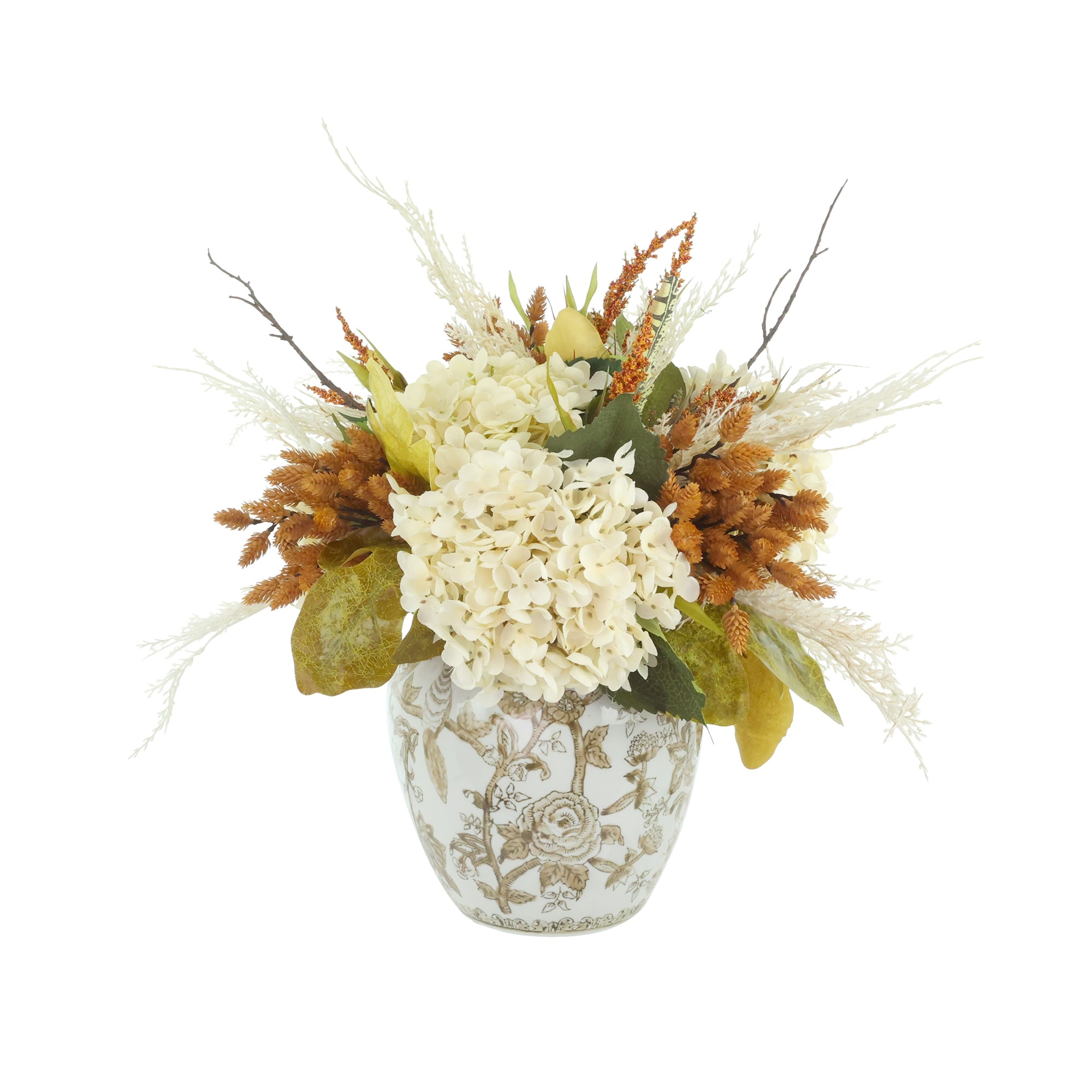 Fall Hydrangea and Heather Arrangement in Decorative Vase