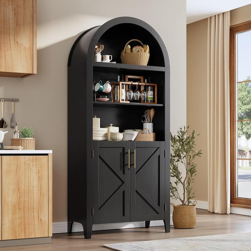 Arched Bookcase, Kitchen Pantry Storage Cabinet with Open Display Shelf - Black