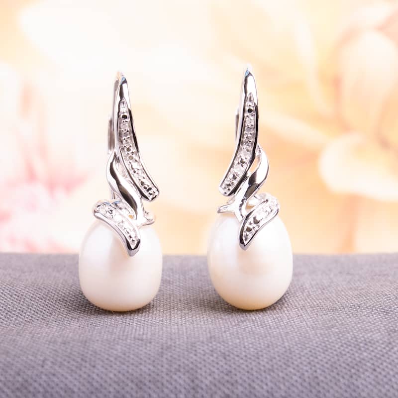 Miadora Sterling Silver Pearl and Diamond Accent Leverback Drop Earrings - White
