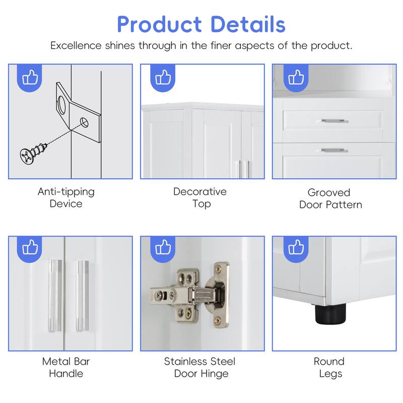 Freestanding Tall Bathroom Double Door Storage Cabinet with Removable Laundry Basket, Open Shelf, Drawer and Adjustable Shelf