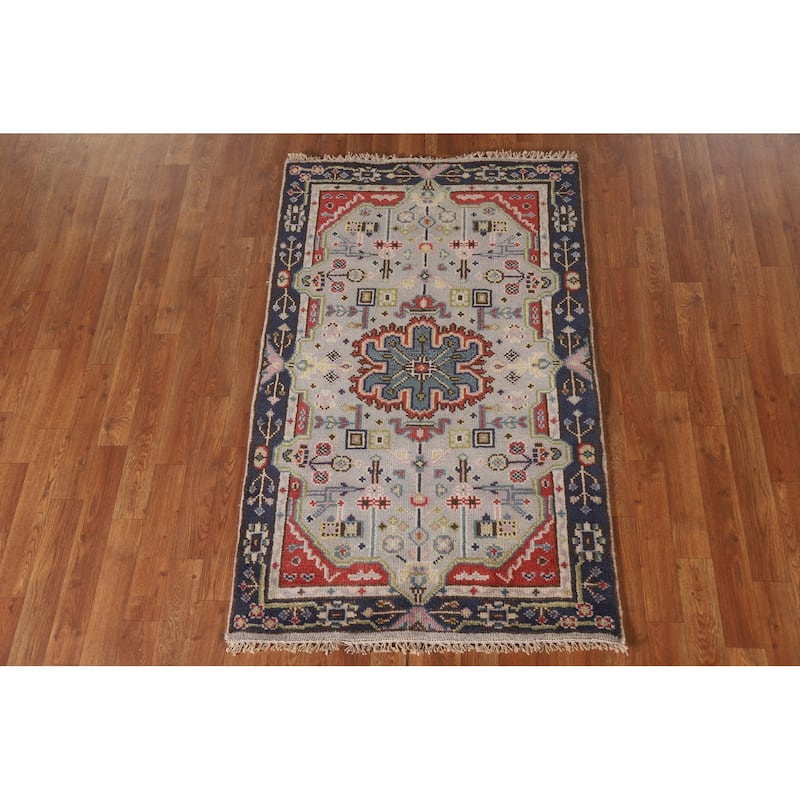 Grey Geometric Kazak Indian Rug Handmade Wool Carpet - 3'0"x 4'10"