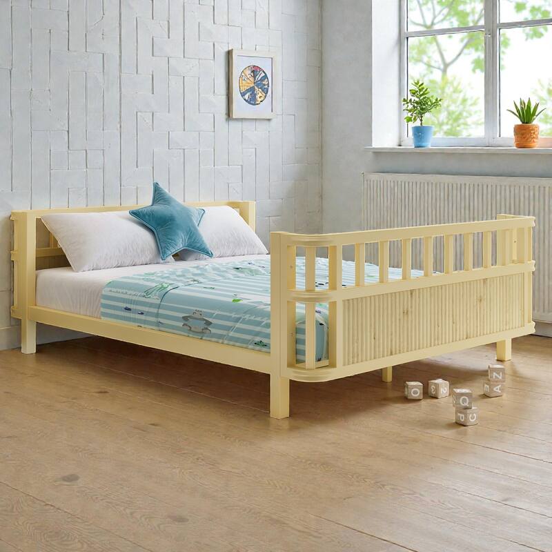 Kids Metal and Wood Platform Bed with Safety Rails, Low Profile Twin Full Children Bed for Boys and Girls