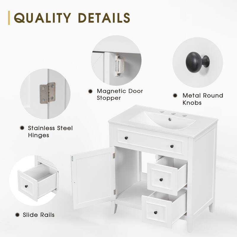 30'' Solid Wood Bathroom Vanity with Cabinet, 2 Drawers, and Ceramic Sink