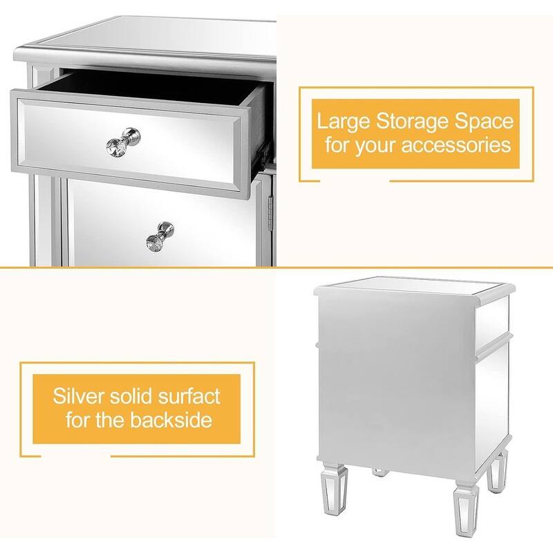 Silver Mirrored Nightstand with 1-Drawers & 1 Side Doors