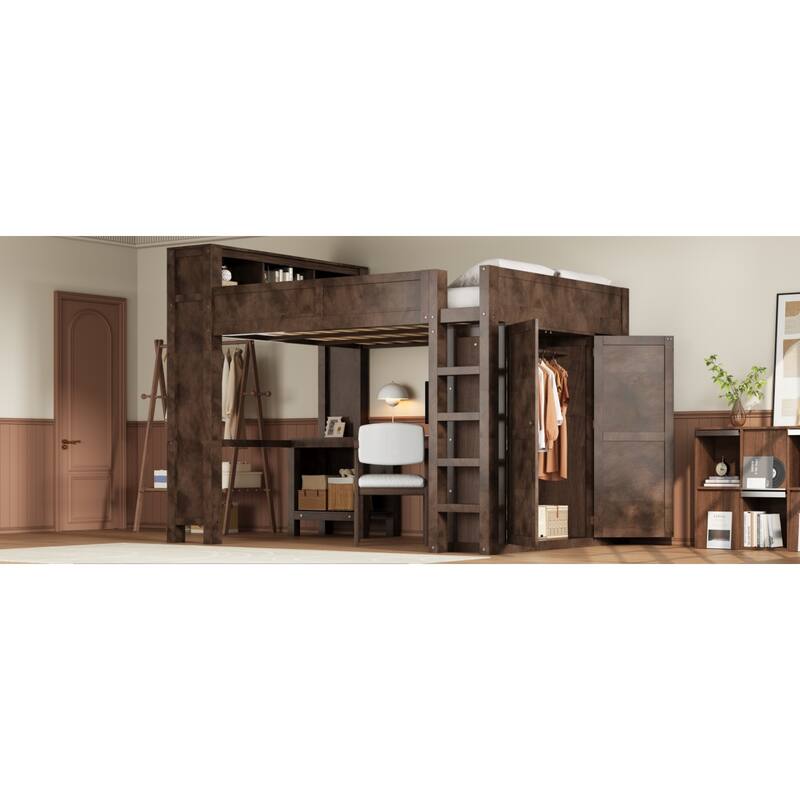 Roomfitters Queen Loft Bed with Wardrobe, Desk, Storage Headboard and USB