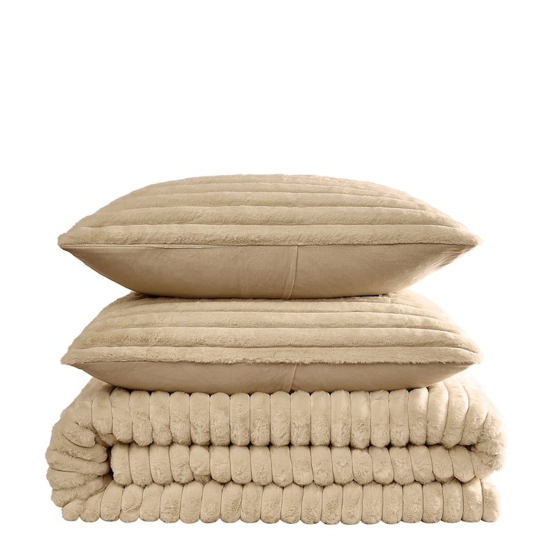 Frye Channel Faux Fur 3 Piece Comforter Set - Full - Queen - Tan