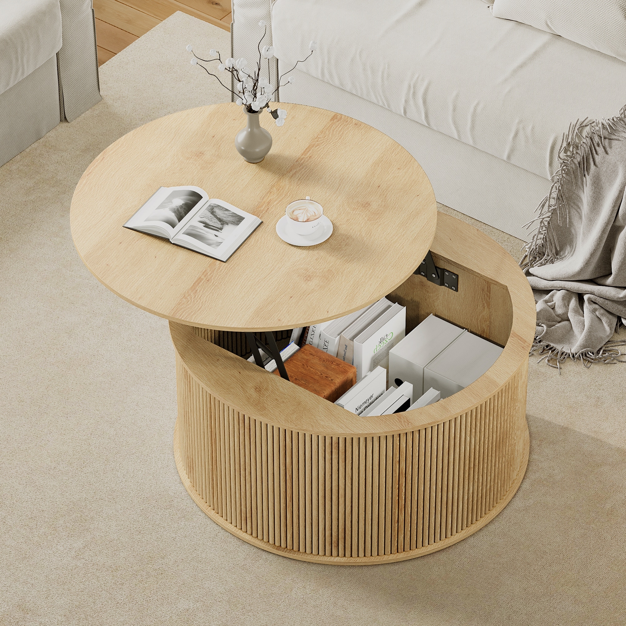 31.58 inch Round height-adjustable coffee table with storage space