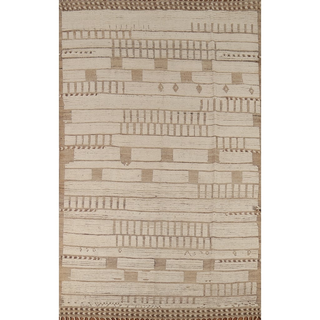 Beige & Ivory Moroccan Modern Area Rug Hand-Knotted Wool Carpet - 6'0"x 9'4"