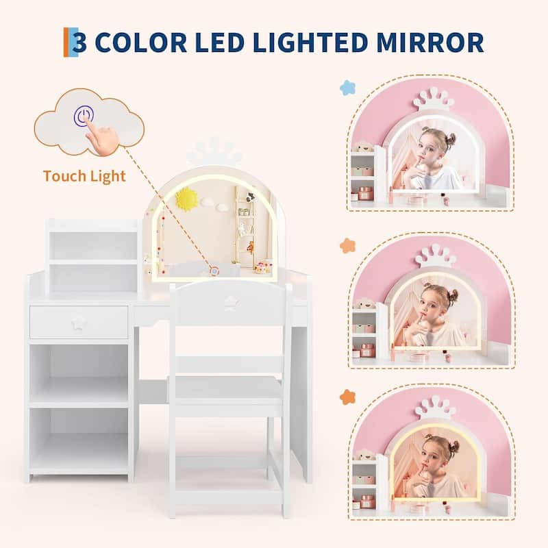 2-in-1 Princess Makeup Vanity Desk & Chair Set for Girls Best Gift