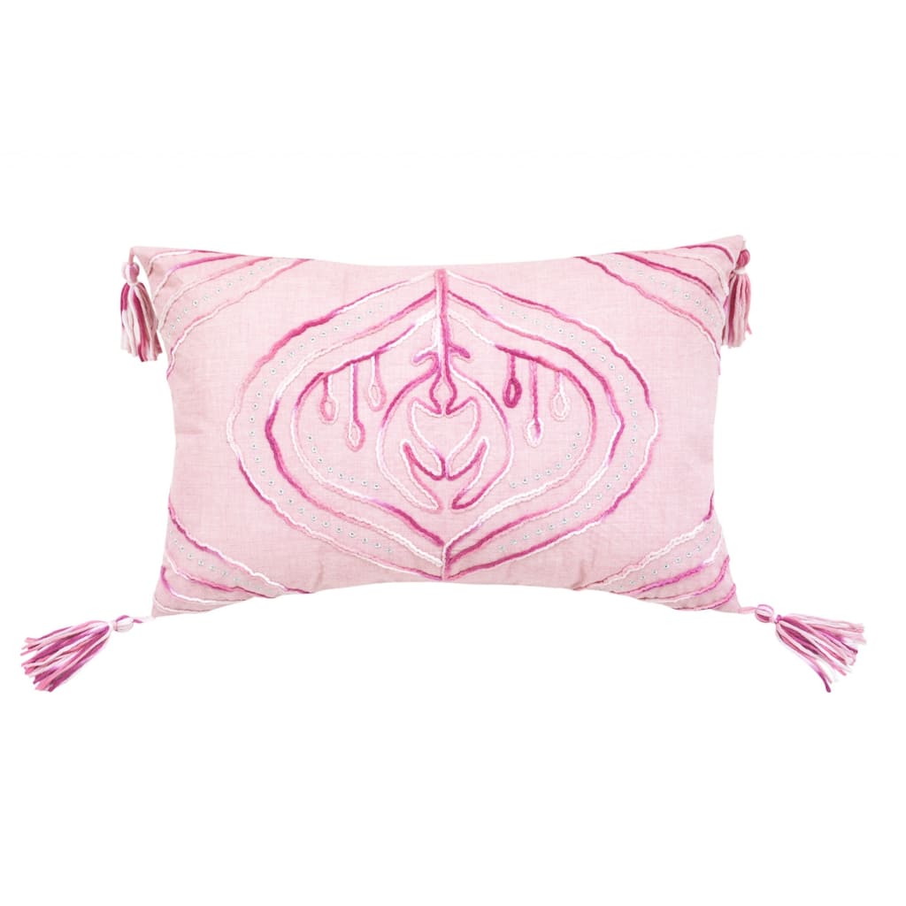 HomeRoots 13" X 20" Pink White And Silver Abstract Zippered Polyester Throw Pillow With Tassels