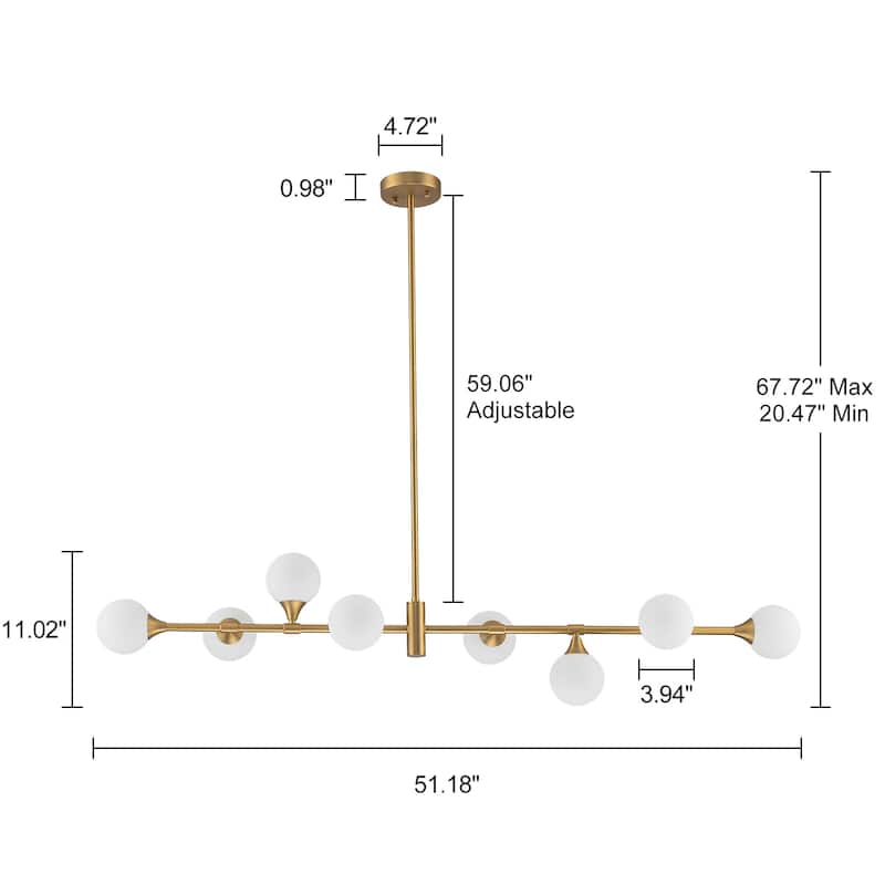 8-Light Modern Sputnik Linear Cluster Frosted Glass Globe Chandelier for Dining Room - W 51.18"