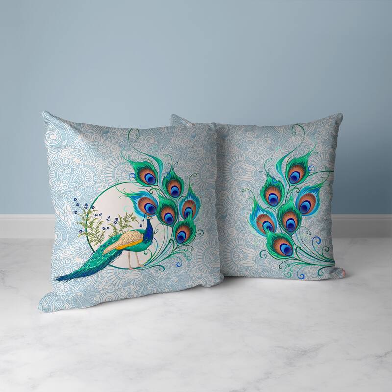 Paisley Peacock Dreams Faux Suede Reversible Throw Pillow Skyblue and Ivory