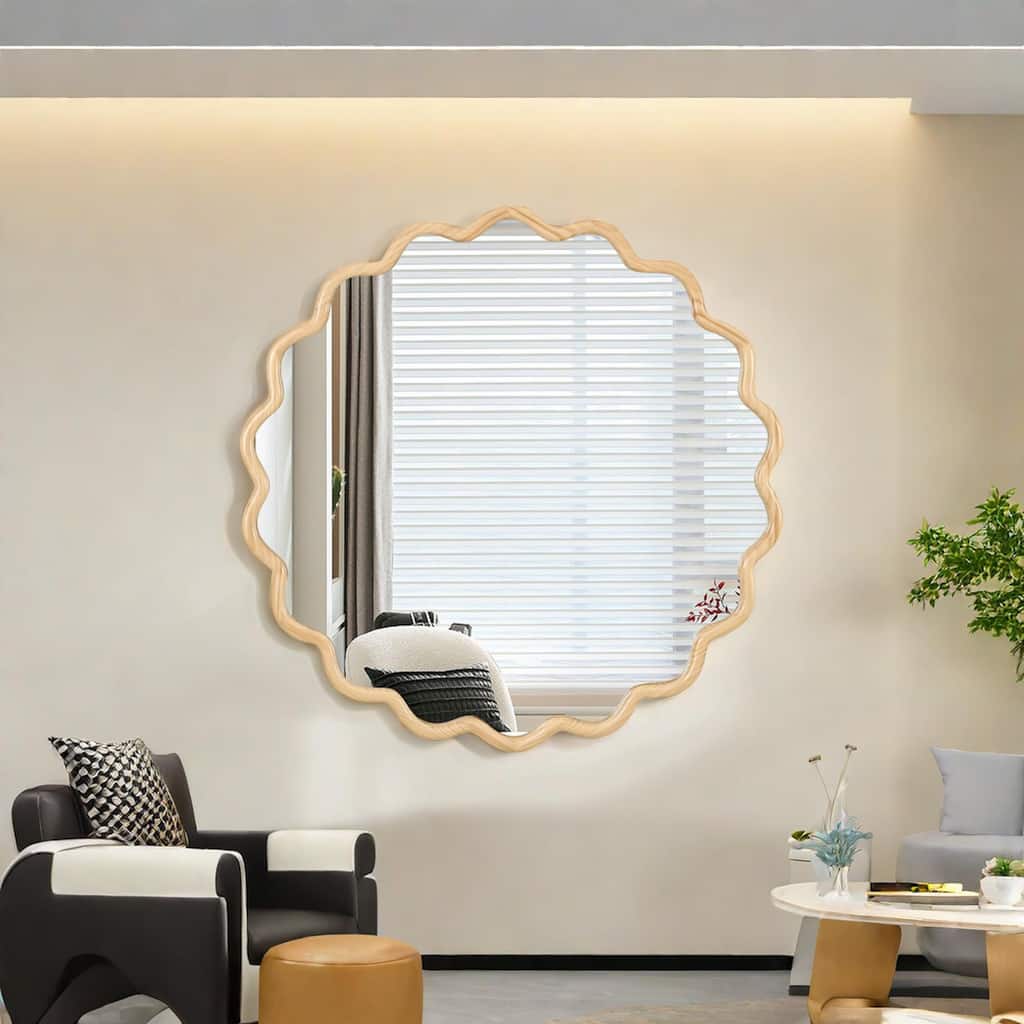 Solid Wood Wavy Mirror-Natural-Wood Vanity Mirror Wall Decor 42" x 42" Modern Mirror Wall Decor
