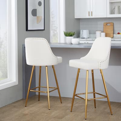 Silver Orchid Studded Naldi 27" Fixed-Height Counter Stool with Metal Legs & Square Footrest (Set of 2)