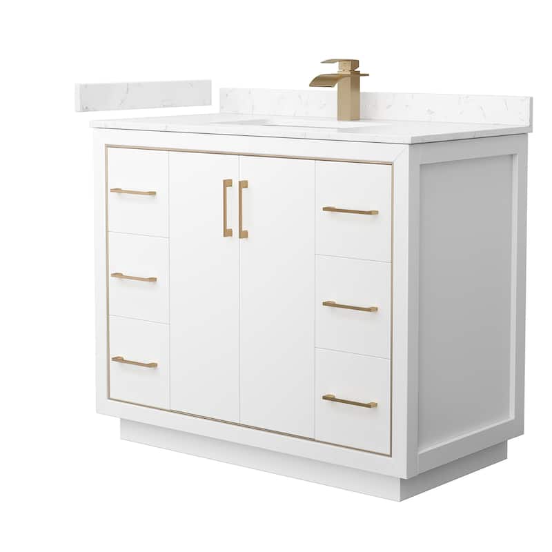 Wyndham Collection WCF1111-42S-VCA-MXX Icon 42" Free Standing Single - White / Carrara Cultured Marble Top / Satin Bronze - Painted