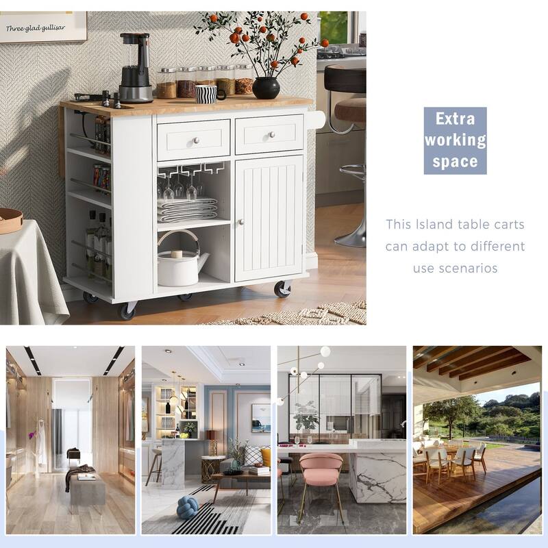Multifunctional Kitchen Cart with Power Outlet, Open Storage and Wine Rack - 40" x 30"