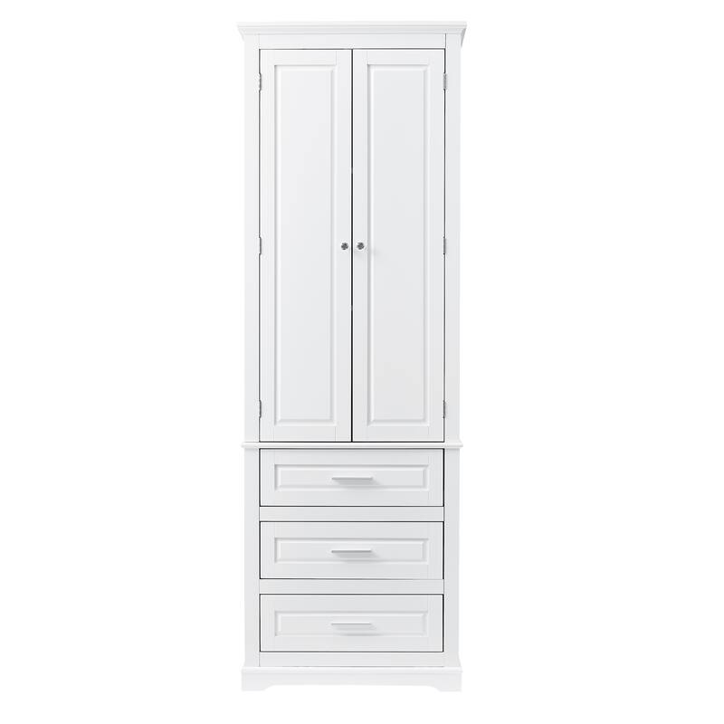 Roomfitters 64" Tall Bathroom Storage Cabinet, Modern MDF Linen Tower with 3 Large Drawers & Adjustable Shelves, White