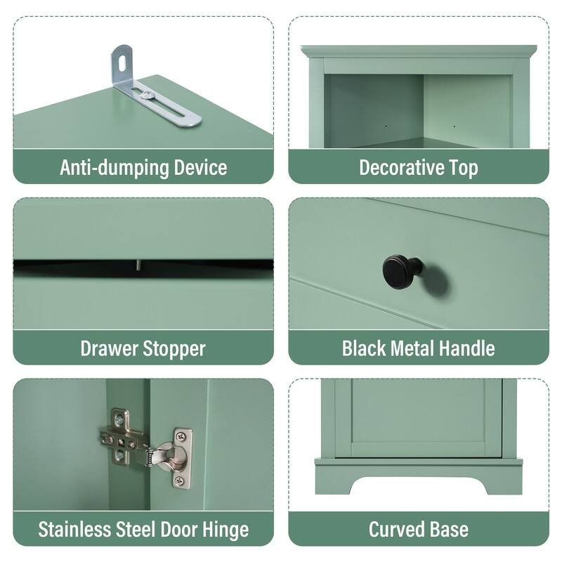 Green Triangle Tall Bathroom Cabinet with 3 Drawers and Adjustable Shelves