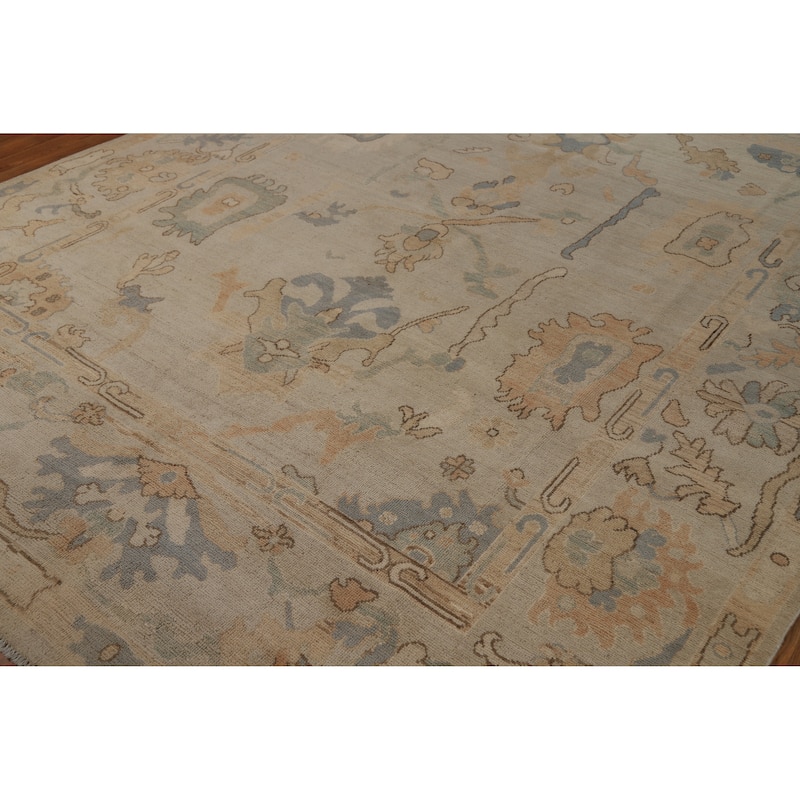 Transitional Beige Oushak Turkish Area Rug Hand-Knotted Wool Carpet - 7'11"x 9'11"