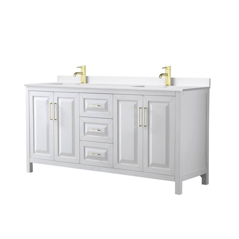 Daria 72-inch Double Vanity, Single Hole Quartz Top - White, Gold Trim, White Quartz Top