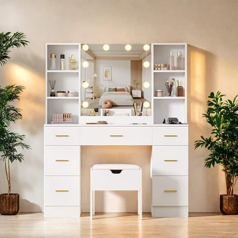 56" Farmhouse Makeup Vanity Set with Lighted Mirror, Charging Station, 7 Drawers