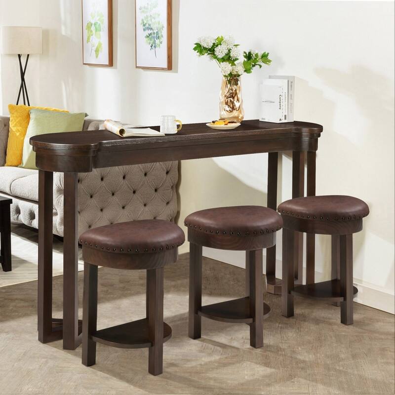 4-Piece Bar Table Set with Solid Pine Wood Legs and PU Upholstered Stools for Dining and Entertaining