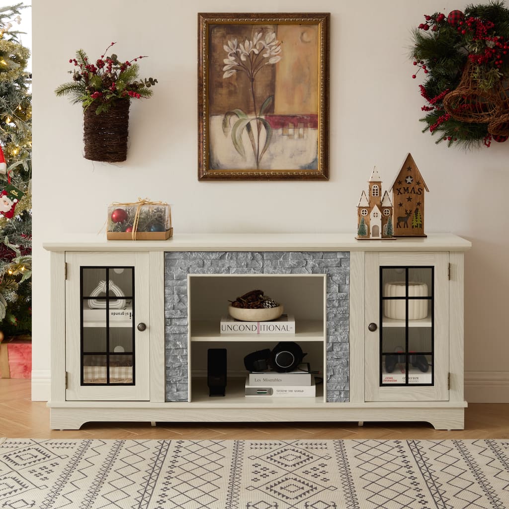 Modern TV Stand, Faux Stone Media Console Cabinet, Entertainment Center with 2-Door Storage, for Living Room, White