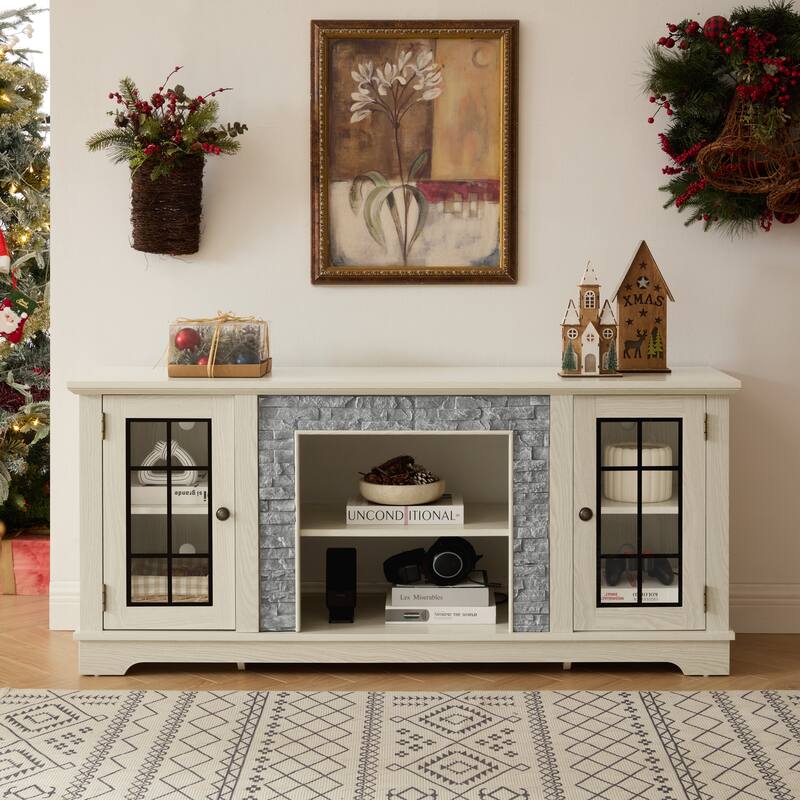Modern TV Stand, Faux Stone Media Console Cabinet, Entertainment Center with 2-Door Storage, for Living Room, White - White