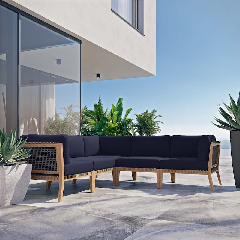 Clearwater Outdoor Patio Teak Wood 5-Piece Sectional Sofa - Gray Navy