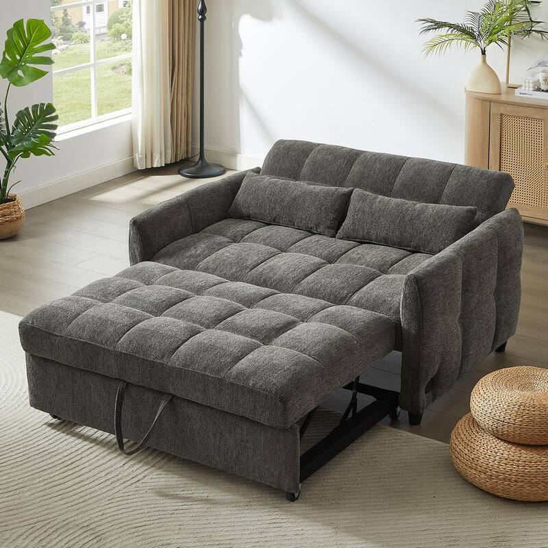 Chenille Loveseat Sofa Pull-out Sofa Bed, Upholstered Futon Sofa Adjustable Backrest Lounge Couch w3 USB Ports & 2 Pillows