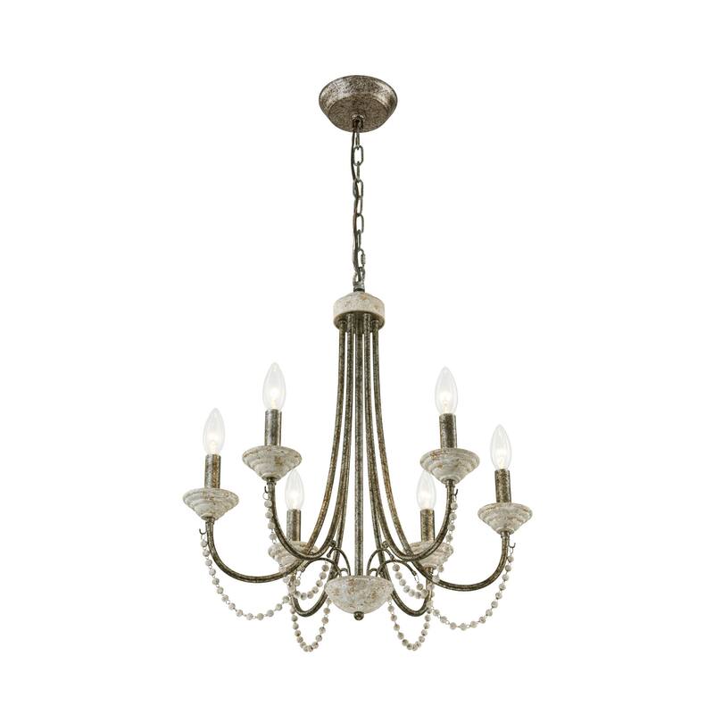 6-Light 20" Rustic French White Antiqued Wood Beaded Chandelier Light for Dining Room, Living Room