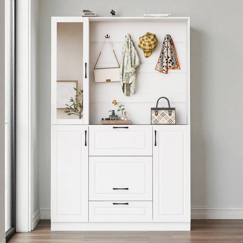 51.1'' Entryway Hall Tree with Mirror and Foldable Bench, 3-in-1 Shoe Storage Cabinet with Drawers, Shelves & 4 Hooks - White