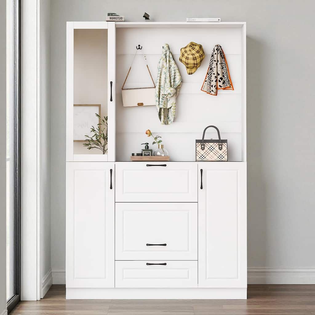 51.1'' Entryway Hall Tree with Mirror and Foldable Bench, 3-in-1 Shoe Storage Cabinet with Drawers, Shelves & 4 Hooks