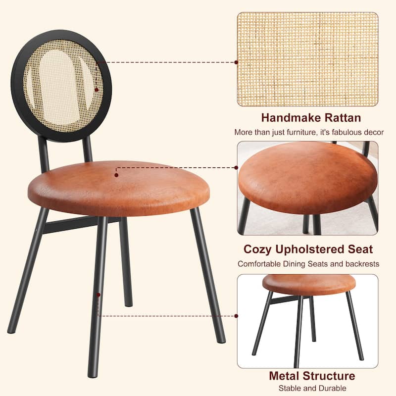 Boho Dining Chairs Set with Thicken Upholstered Natural Rattan Back