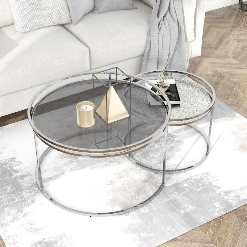 Elema Glam Chrome Glass Top 2-Piece Nesting Tables Set by Furniture of America - Grey