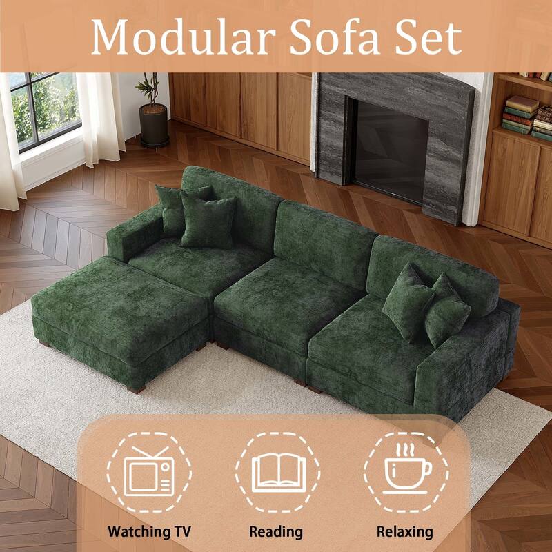 Oversized Chenille Modular Sectional Sofa Living Room Set with Ottoman
