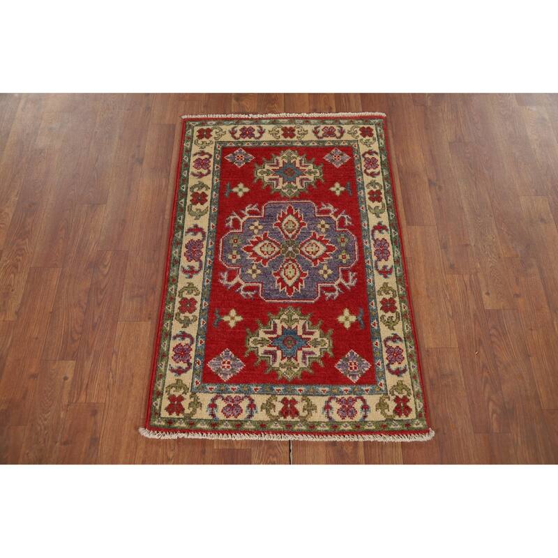 Hand Knotted Oriental 100% Wool Carpet Traditional Geometric Red Kazak Area Rug - 3' 1'' X 2' 1''